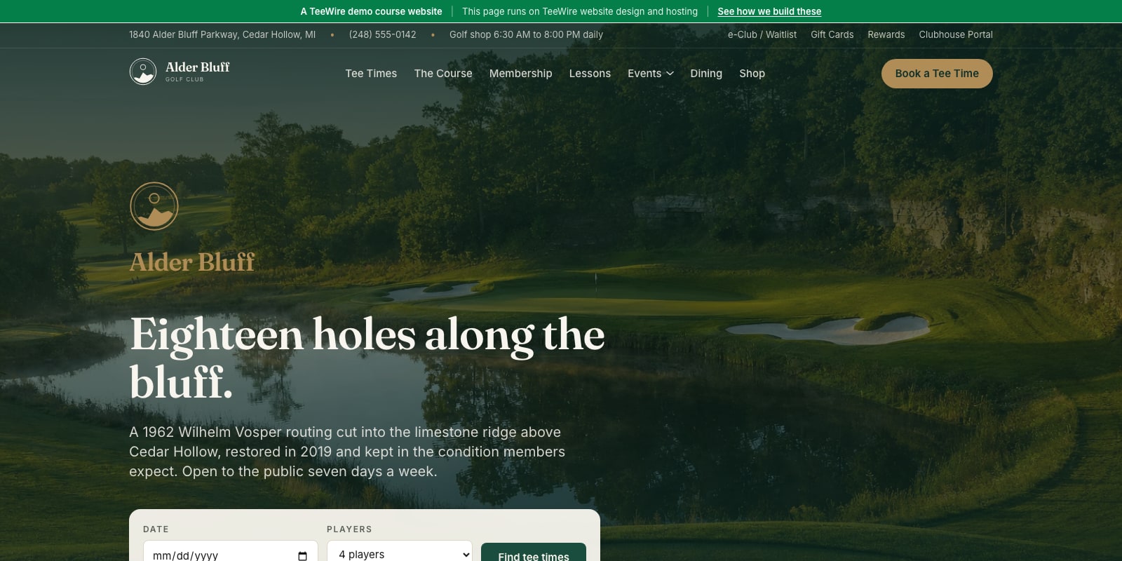 The Alder Bluff Golf Club demo website, a CourseLogix design with TeeWire booking