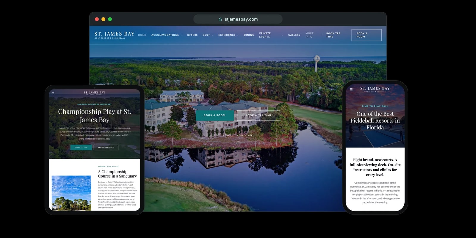 St. James Bay Golf Resort website, designed by CourseLogix, shown on desktop, tablet and phone